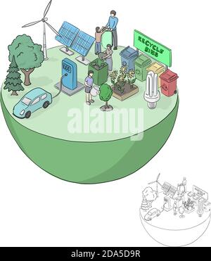 isometric green friendly ecology concept on half circle vector illustration sketch doodle hand drawn with black lines isolated on white background Stock Vector