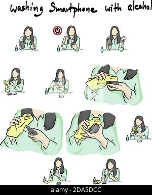 Steps to clean smartphone with alcohol for prevent Covid-19 virus vector illustration sketch doodle hand drawn with black lines isolated on white back Stock Vector