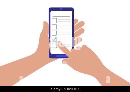 Concept of online questionnaire, quiz, survey. Hand holding mobile phone, forefinger touching vertical screen and marking option. Vector illustration in flat style. Stock Vector