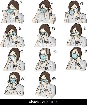 Set of woman showing how to correctly wear hygiene surgical mask with color vector illustration sketch doodle hand drawn isolated on white background Stock Vector