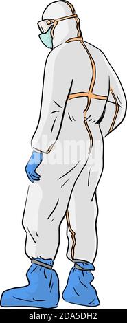 full length back view doctor in protective hazmat PPE suit wearing medical latex gloves vector illustration sketch doodle hand drawn isolated on white Stock Vector