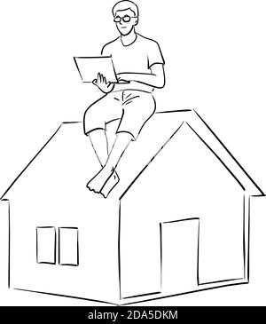man working with computer laptop on the top roof of small home vector illustration sketch doodle hand drawn with black lines isolated on white backgro Stock Vector