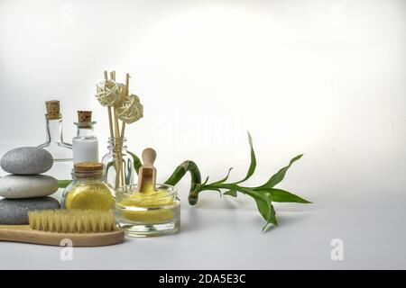 Various items for Spa treatments and massages. The concept of skin care. Bath accessories. Aromatherapy and relaxation. Copy of the space. Stock Photo
