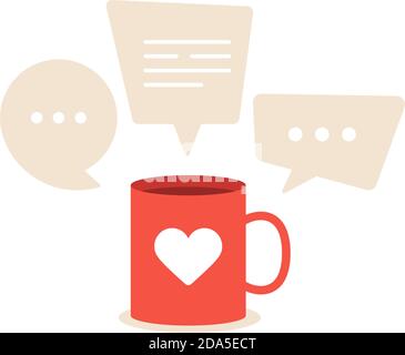 Lovely conversations about love. A red cup with a heart around which clouds of chat or messages bubble in the air. Cartoon flat vector illustration Stock Vector