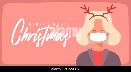 Merry and safe Christmas. Woman in deer antlers hat wearing protective face mask against coronavirus. Christmas during pandemia. Holiday greeting card Stock Vector