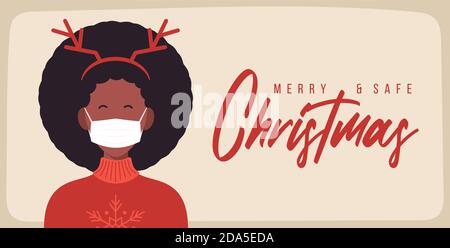 Merry and safe Christmas. African Woman in deer antlers hat wearing protective face mask against coronavirus. Christmas during pandemia Holiday greeti Stock Vector