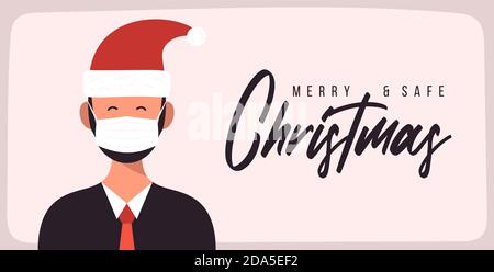 Merry and safe Christmas. Businessman in Santa Claus hat wearing protective face mask against coronavirus. Christmas during pandemia. Holiday greeting Stock Vector
