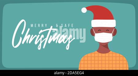 Merry and safe Christmas. African Man in Santa Claus hat wearing protective face mask against coronavirus. Christmas during pandemia. Holiday greeting Stock Vector