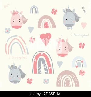 childrens collection. Set of cute unicorns and rainbows. Cute decorative portraits of animals of a boy and girl with a mane and a horn, flowers and Stock Vector