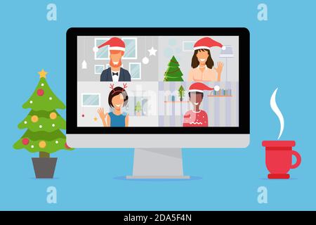 Peoples celebrating New Year on video conferencing call on computer. New normal and covid-19 concept. Flat design vector illustration Stock Vector