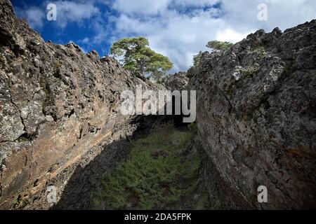 lava tube is natural conduit formed by flowing lava in Etna Park, Sicily Stock Photo