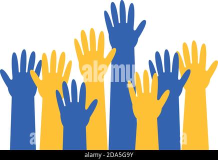 hands up colors yellow and blue down syndrome vector illustration design Stock Vector