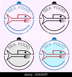 creative seafood logo with knife and fork in the form of abstract fish Stock Vector