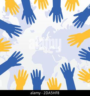 hands up colors yellow and blue down syndrome in earth maps vector illustration design Stock Vector