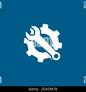 Service Tools Blue Icon On White Background. Blue Gear Wheel & Hammer Flat Style Vector Illustration. Stock Vector