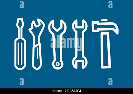 Wrench Spanner Screwdriver And Hammer Line Blue Icon On White Background. Blue Flat Style Vector Illustration. Stock Vector