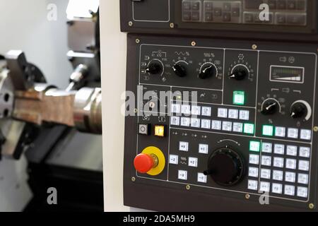 Control panel of CNC turret milling machine. Selective focus. Stock Photo