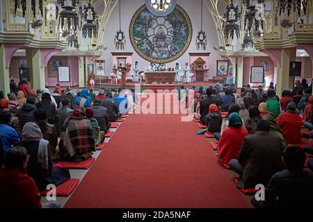 Kathmandu, Nepal, January 2016. Interior of a Catholic church at the time of service. Stock Photo