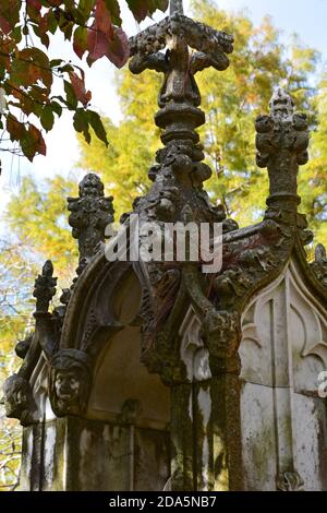 A weathered ornate grave marker to a departed wife in the St. Paul churchyard cemetery in Edenton, North Carolina. Stock Photo