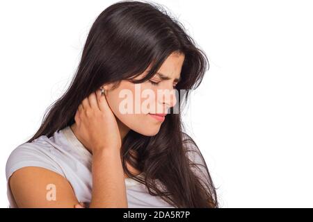 Young woman with neck pain. Stock Photo