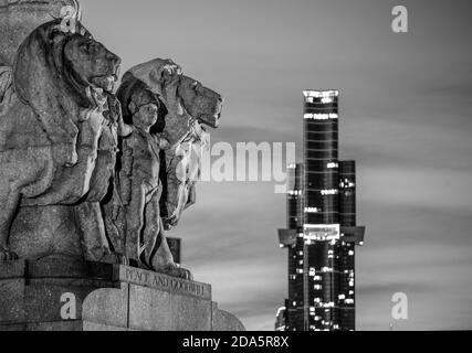 Melbourne Australia : Shrine of Remembrance Melbourne 2020 lit in red for Remembrance Day. Stock Photo