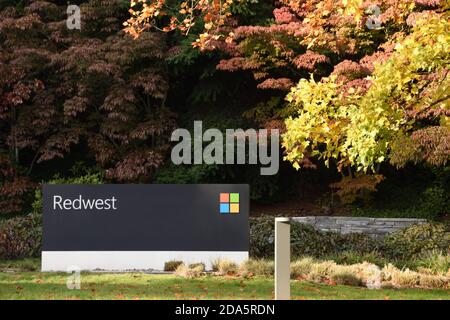 Microsoft sign at the entrance of Redwest Headquarters campus in Redmond, Washington, USA. Stock Photo