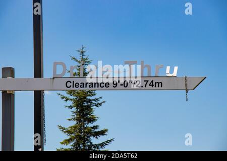 Vancouver,Canada - July 13,2020: Drive-thru sign at local McDonald's restaurant Stock Photo