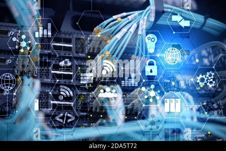 Abstract Internet digital technology concept server rack room background. Stock Photo