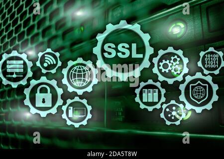 SSL Secure Sockets Layer concept. Cryptographic protocols provide secured communications. Server room background. Stock Photo