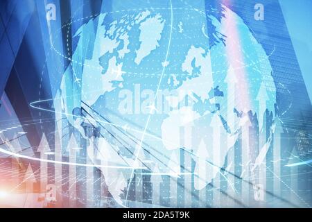 Virtual interface connection map of flight routes airplanes network use for global travel network. Stock Photo