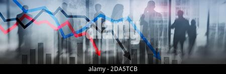 Market falling concept. Black blue and red down arrows bar chart stock market. Stock Photo