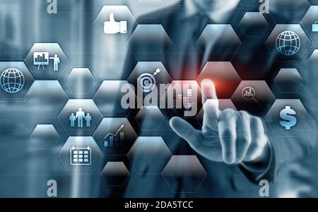 Data Management System and Business Analytics concept on double exposure background. Stock Photo