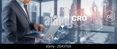 Conversion rate optimization on virtual screen. CRO concept and lead generation 2021. Stock Photo