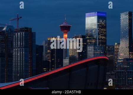 Calgary Tower and Skyline at Dusk in Calgary Alberta Canada Stock Photo