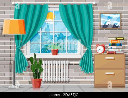 Domestic room interior. Cabinet with lamp, clock, picture frame and plant. Closed wood box. Wooden stand for storing items near window with cityscape. Drawer with books. Flat vector illustration Stock Vector