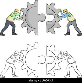 engineer put the geer jigsaw puzzle together vector illustration sketch doodle hand drawn with black lines isolated on white background. Teamwork conc Stock Vector