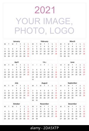Calendar 2021. Wall calendar for 2021 year in clean minimal style. Corporate design planner template. Week Starts on Monday. Set of 12 Months. Stock Vector