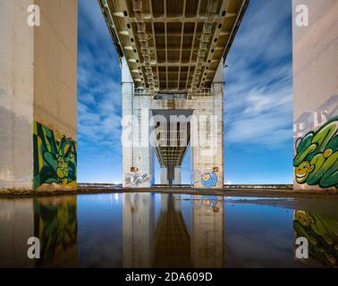 Bottom view of bridge with columns with graffiti. Night view with beautiful sky and reflections bridge columns in puddle. Underground bridge in Nizhniy Novgorod, Russia Stock Photo