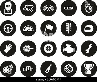 Racing Icons White On Black Flat Design Circle Set Big Stock Vector