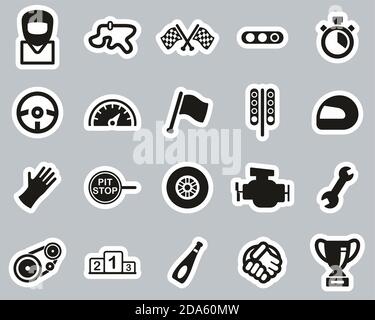 Racing Icons Black & White Sticker Set Big Stock Vector