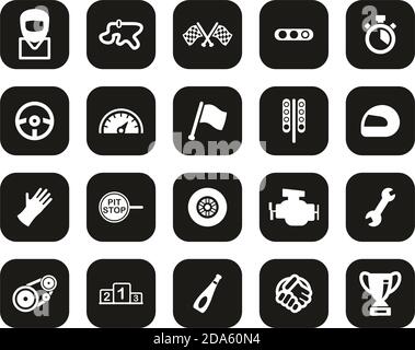 Racing Icons White On Black Flat Design Set Big Stock Vector
