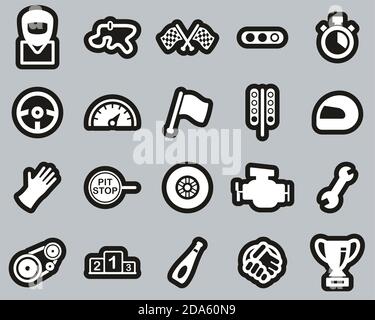 Racing Icons White On Black Sticker Set Big Stock Vector