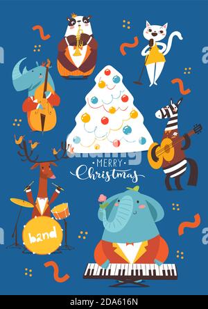 Christmas cartoon poster with cute jazz musicians characters. Stock Vector