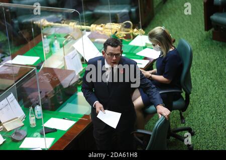 MELBOURNE, AUSTRALIA - NOVEMBER 10: Premier Daniel Andrews speaks during Question Time of the Victorian Legislative Assembly on 10 November, 2020 in Melbourne, Australia. COVID-19 restrictions have eased further across Victoria, with the metro-regional border and 25km travel limit from home no longer in force.Image Credit: brett keating/Alamy Live News Stock Photo