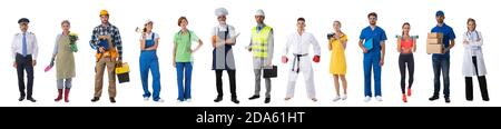 Full length portrait of group of people representing diverse professions of business, medicine, construction industry Stock Photo