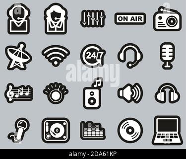 Radio Station & Radio Equipment Icons White On Black Sticker Set Big Stock Vector