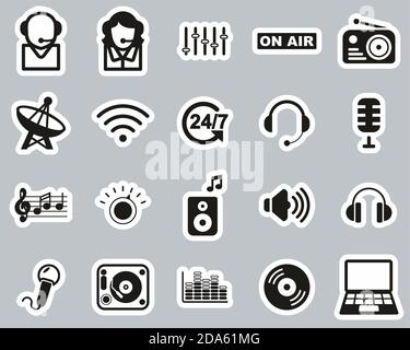 Radio Station & Radio Equipment Icons Black & White Sticker Set Big Stock Vector