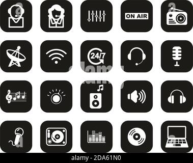 Radio Station & Radio Equipment Icons White On Black Flat Design Set Big Stock Vector