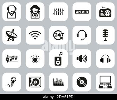 Radio Station & Radio Equipment Icons Black & White Flat Design Set Big Stock Vector