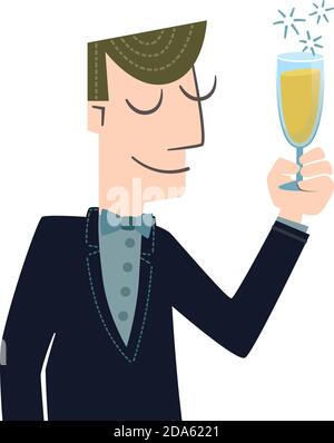 Retro style illustration of a man toasting with a glass of champagne, isolated on white background Stock Vector